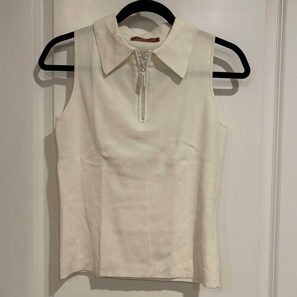 Sleeveless Collared White Blouse with Rhinestone Zipper